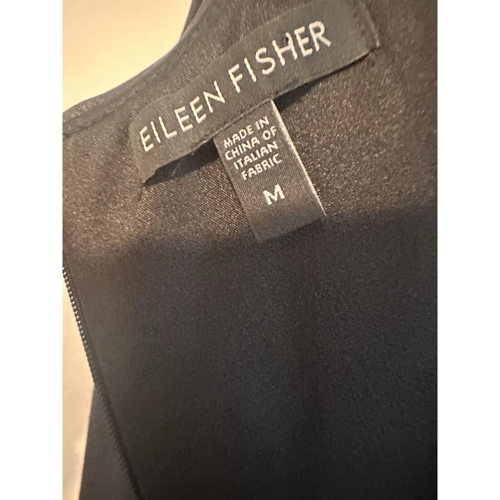 Eileen Fisher Midi Length Viscose Dress Leather Trim In Black - Picture 7 of 9